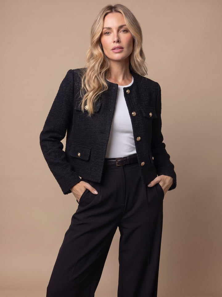 Women's Collarless Cropped Tweed Blazer Gold Button Flap Pockets - Black