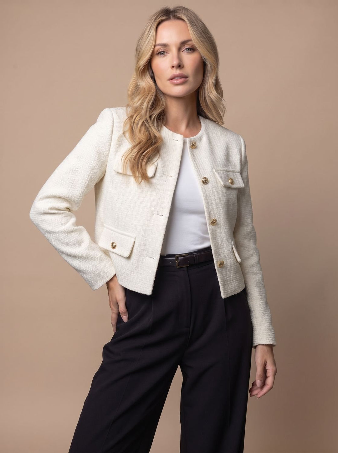 Women's Collarless Cropped Tweed Blazer Gold Button Flap Pockets - White