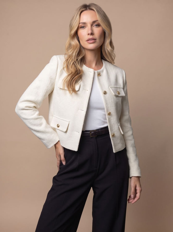 Women's Collarless Cropped Tweed Blazer Gold Button Flap Pockets - White