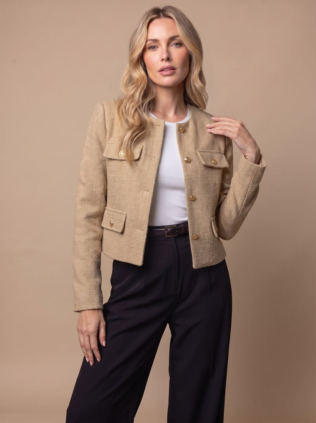 Women's Collarless Cropped Tweed Blazer Gold Button Flap Pockets - Khaki