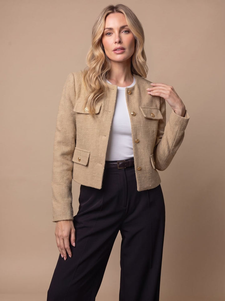 Women's Collarless Cropped Tweed Blazer Gold Button Flap Pockets - Khaki