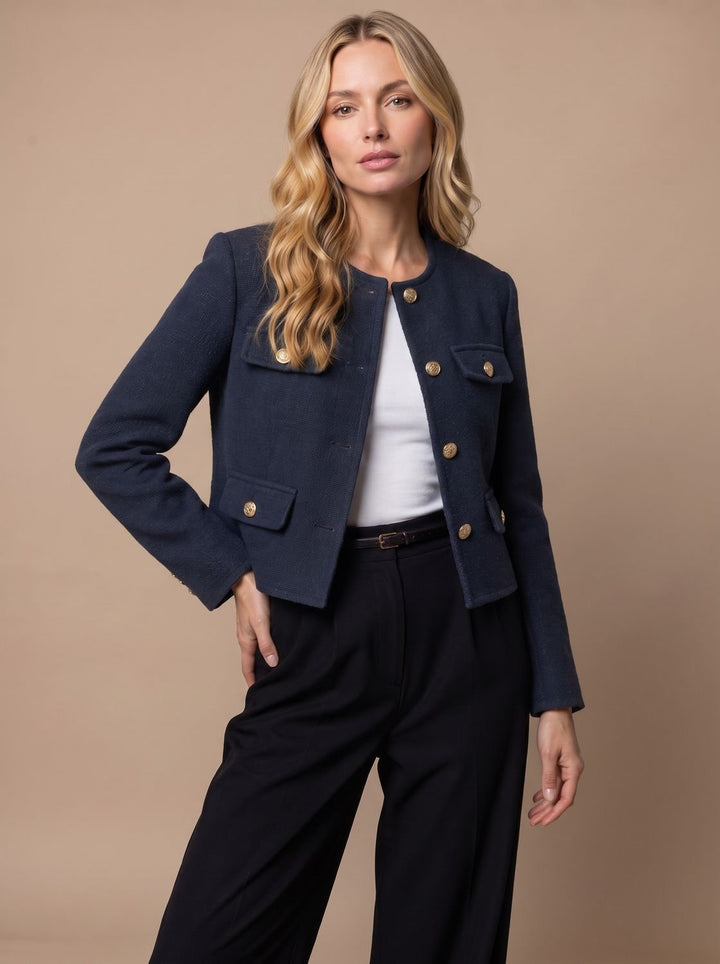 Women's Collarless Cropped Tweed Blazer Gold Button Flap Pockets - Navy Blue