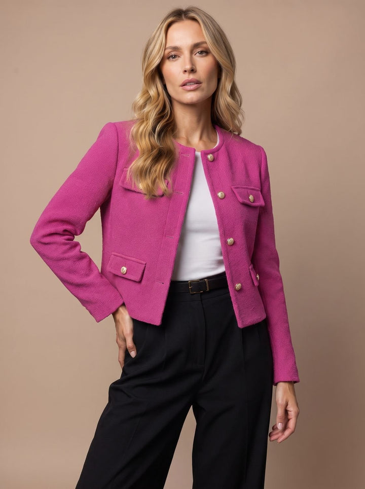 Women's Collarless Cropped Tweed Blazer Gold Button Flap Pockets - Pink