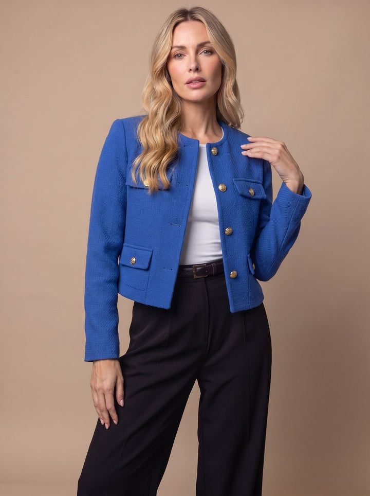 Women's Collarless Cropped Tweed Blazer Gold Button Flap Pockets - Blue
