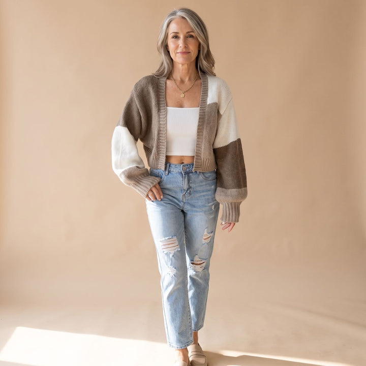 Women's Color-Block Cropped Open-Front Balloon-Sleeve Cardigan - Khaki
