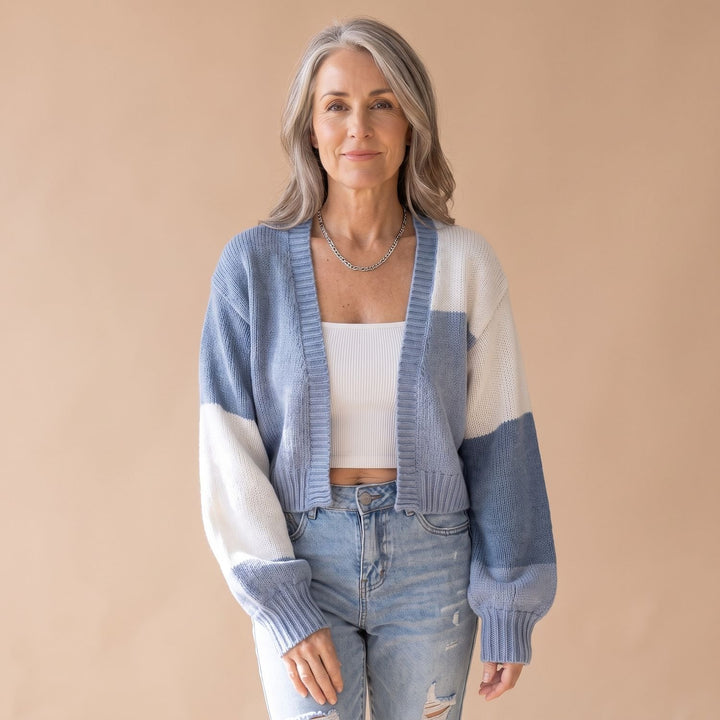 Women's Color-Block Cropped Open-Front Balloon-Sleeve Cardigan - Sky Blue
