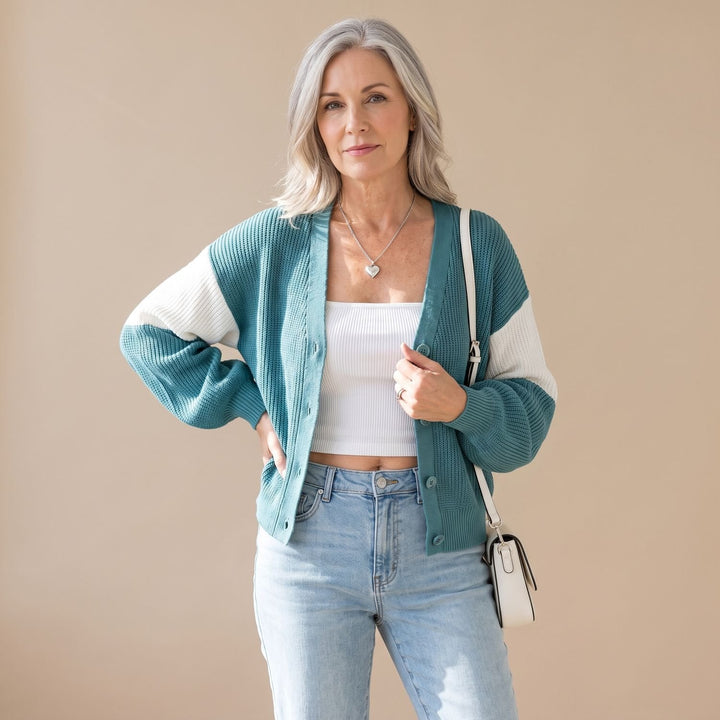 Women's Color-Block Cropped Open-Front Balloon-Sleeve Cardigan - Light Green