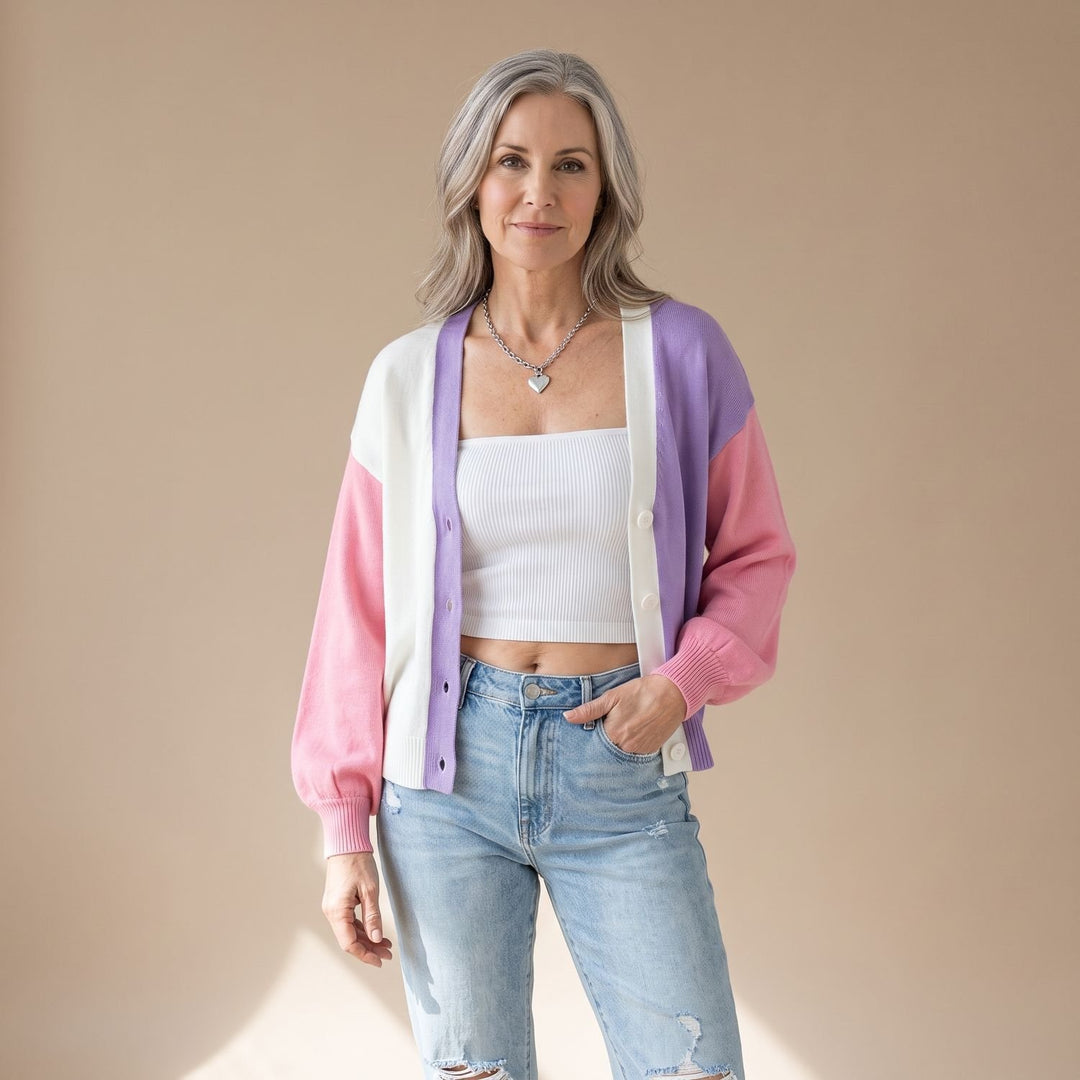 Women's Color-Block Cropped Open-Front Balloon-Sleeve Cardigan - Pink