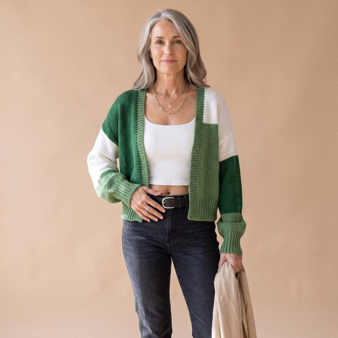 Women's Color-Block Cropped Open-Front Balloon-Sleeve Cardigan - Green
