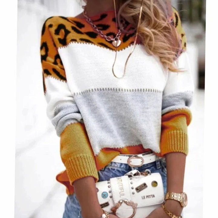 Women's Color Block Leopard Print Cashmere Blend Crew Neck Sweater - Yellow