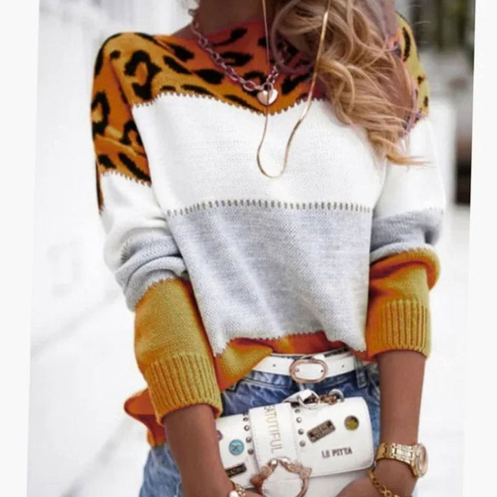 Women's Color Block Leopard Print Cashmere Blend Crew Neck Sweater