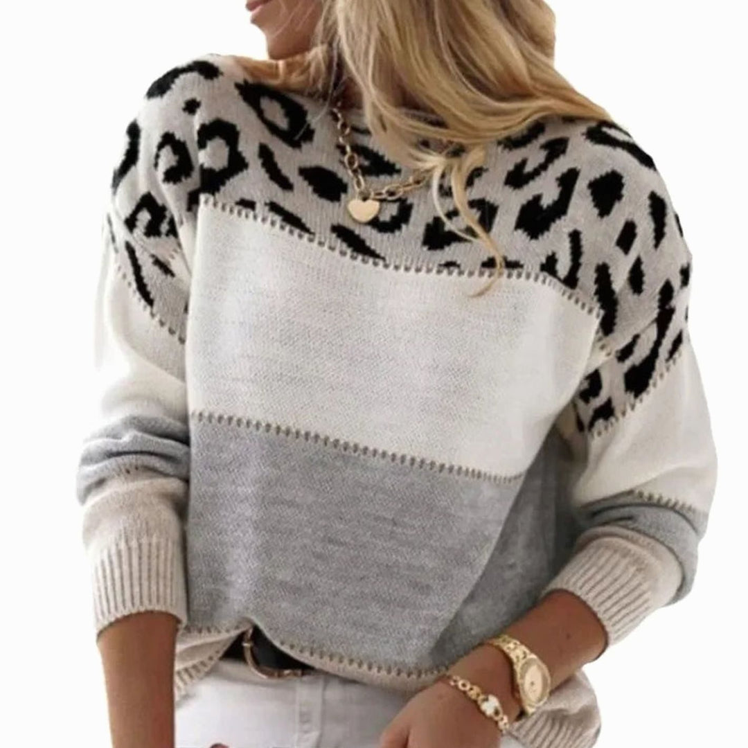 Women's Color Block Leopard Print Cashmere Blend Crew Neck Sweater