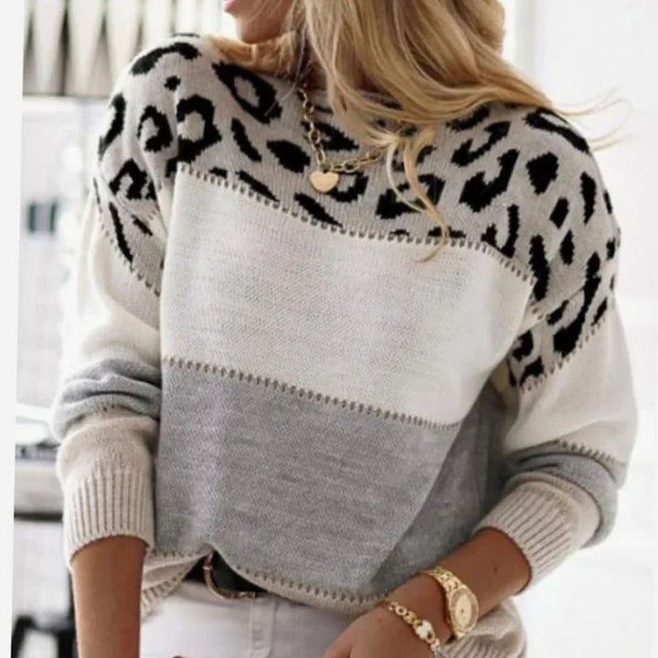 Women's Color Block Leopard Print Cashmere Blend Crew Neck Sweater - Gray