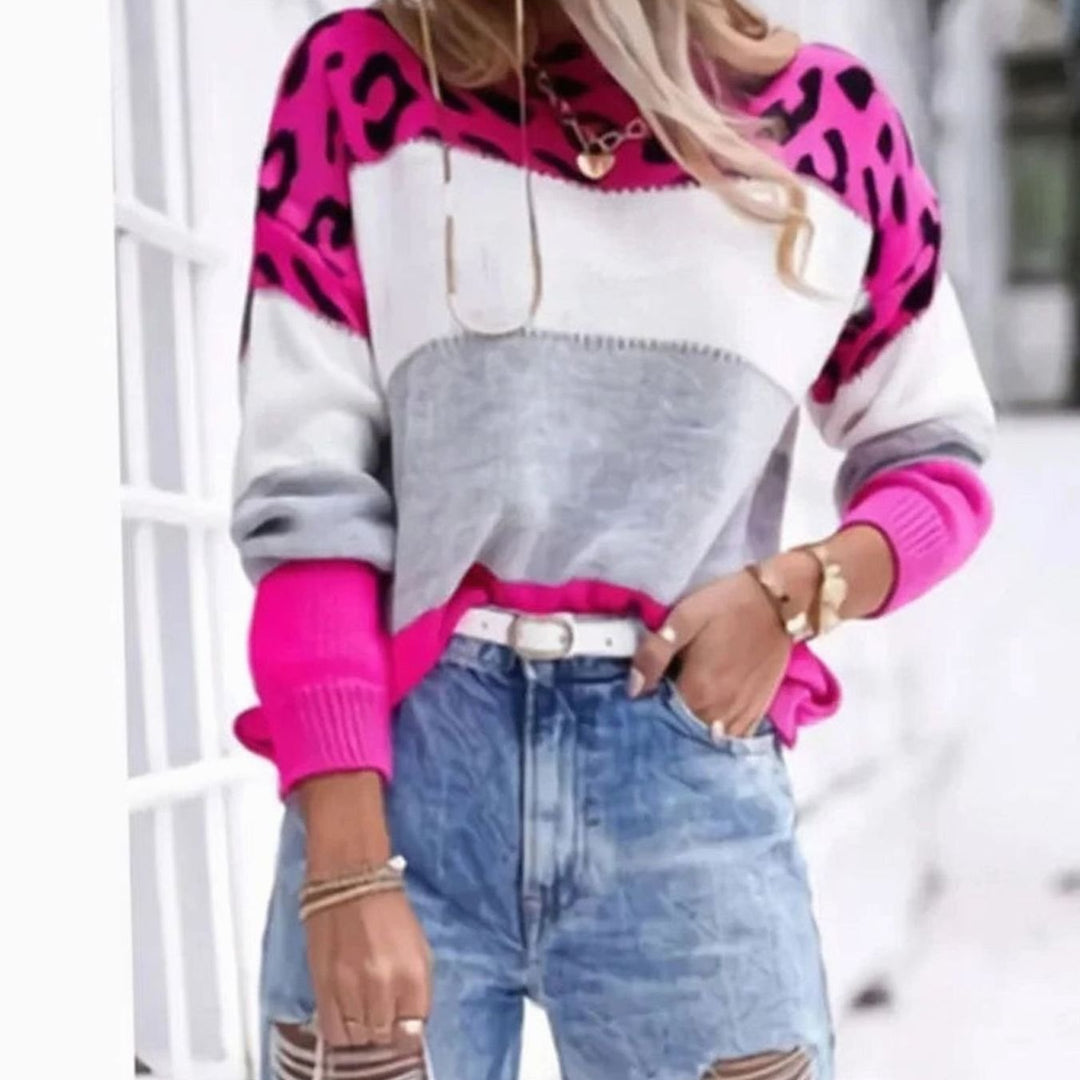 Women's Color Block Leopard Print Cashmere Blend Crew Neck Sweater - Rose Red