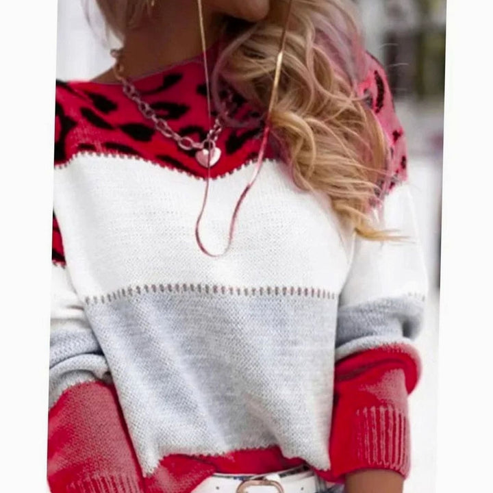 Women's Color Block Leopard Print Cashmere Blend Crew Neck Sweater - Red