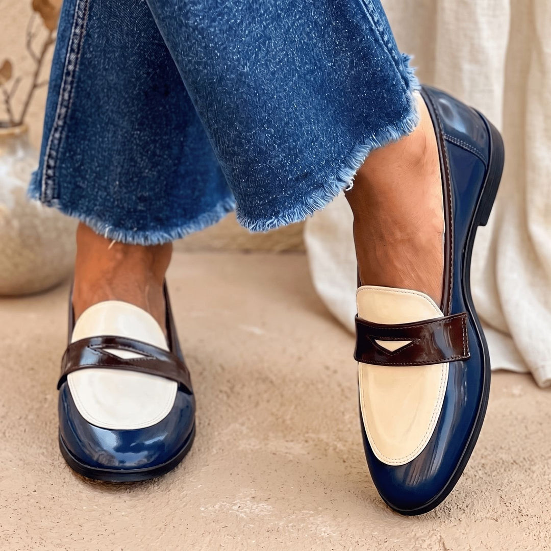 Women's Color-Block Patent Round-Toe Slip-On Loafers - White/Blue