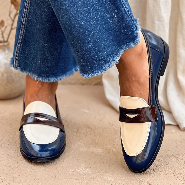 Women's Color-Block Patent Round-Toe Slip-On Loafers - White/Blue