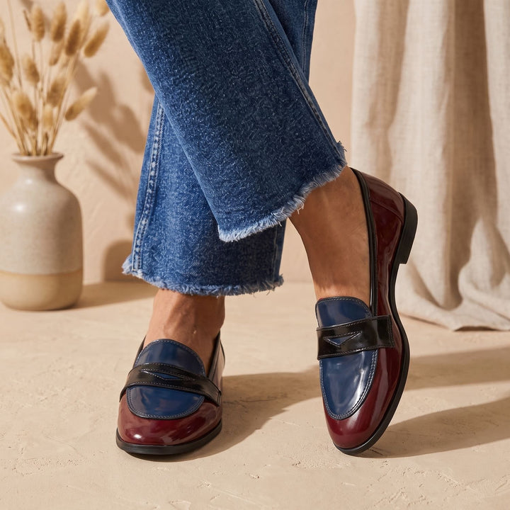 Women's Color-Block Patent Round-Toe Slip-On Loafers - Red/Blue