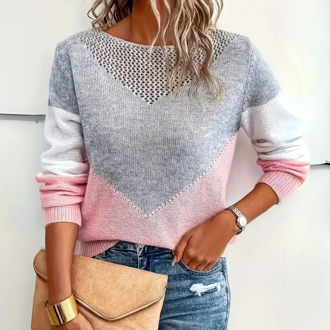 Women's Color Block Sweater Relaxed-Fit Mesh Detail Knit Pullover