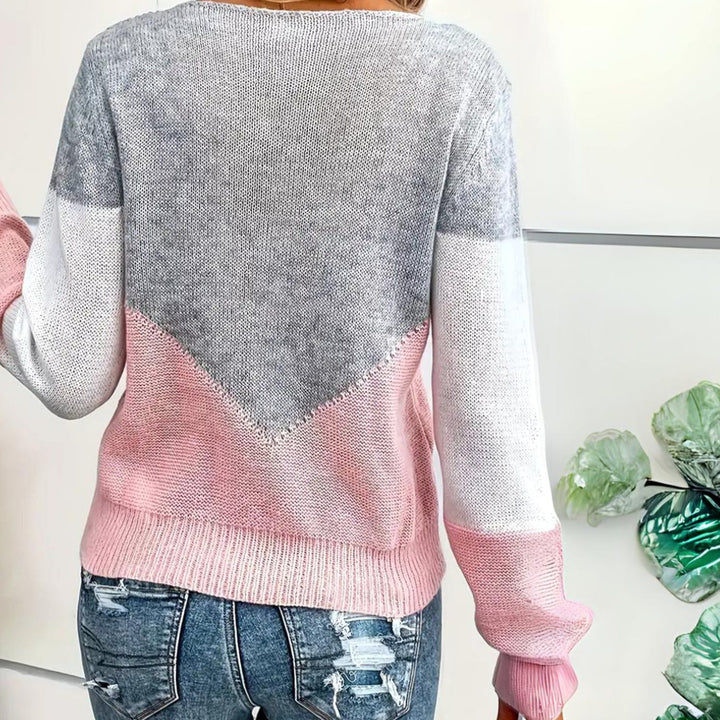 Women's Color Block Sweater Relaxed-Fit Mesh Detail Knit Pullover