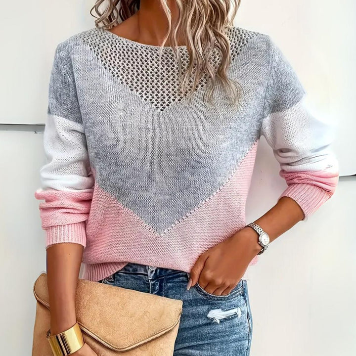 Women's Color Block Sweater Relaxed-Fit Mesh Detail Knit Pullover - Pink