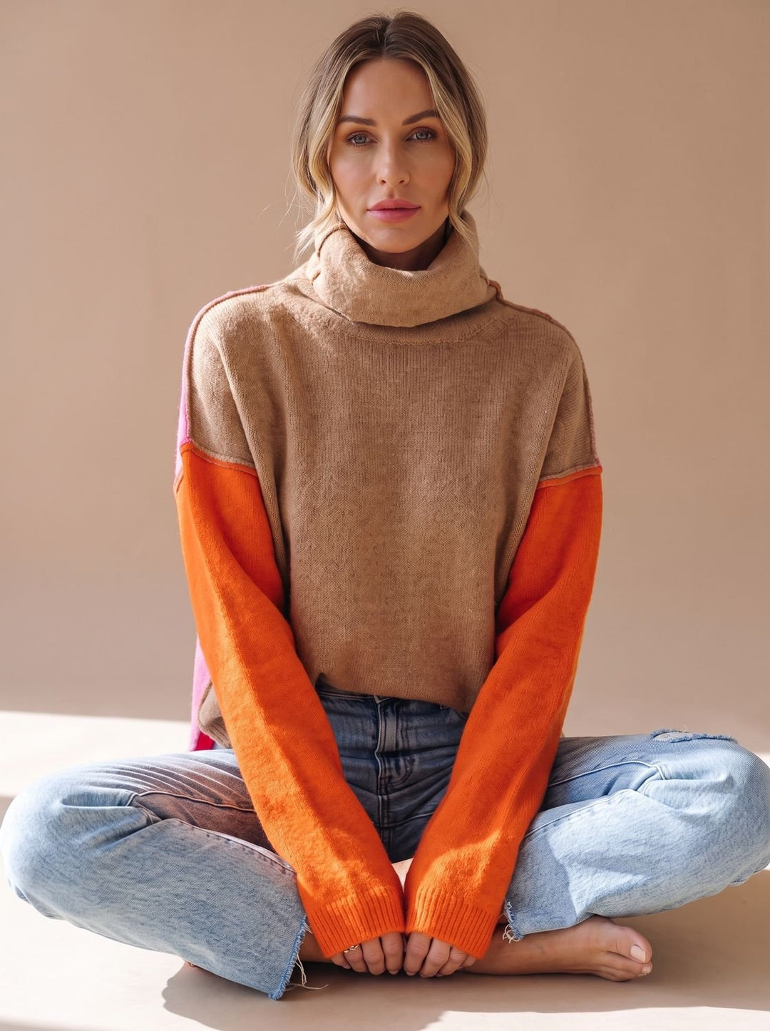 Women's Color Block Turtleneck Relaxed-Fit Knit Sweater