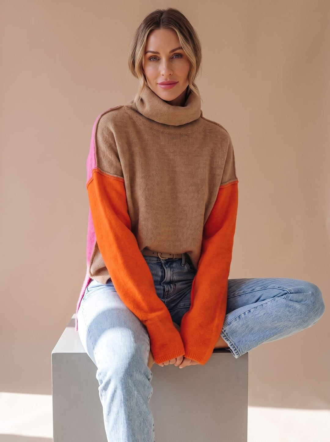 Women's Color Block Turtleneck Relaxed-Fit Knit Sweater