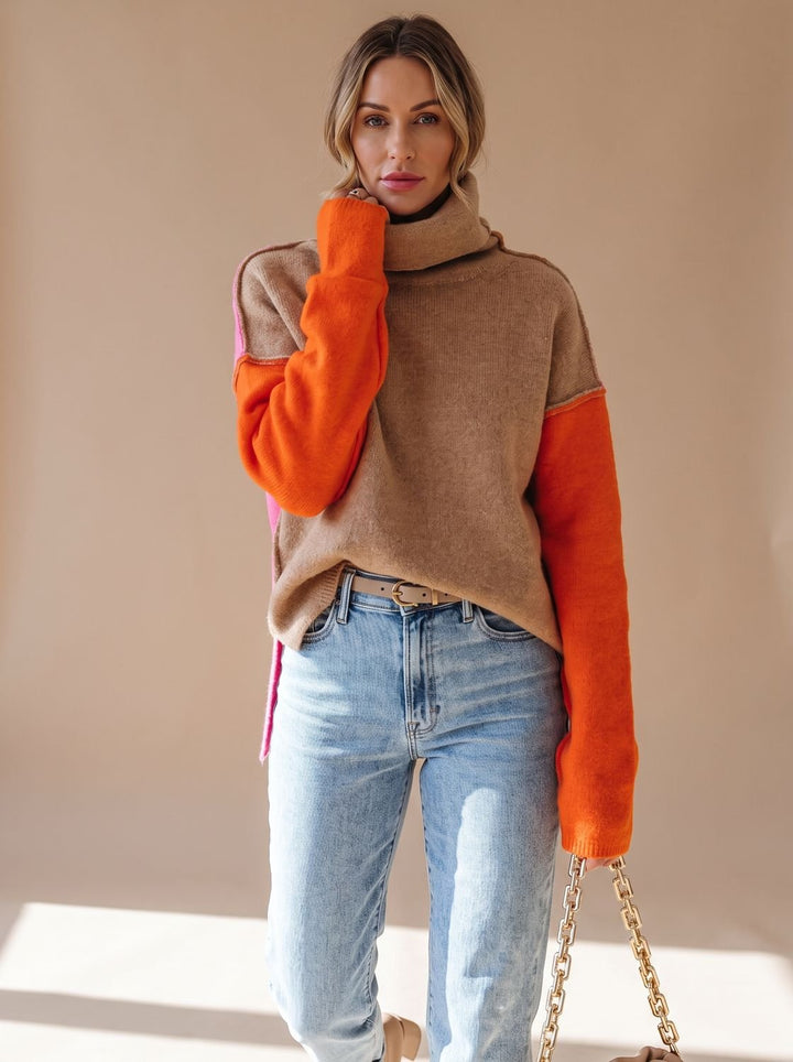 Women's Color Block Turtleneck Relaxed-Fit Knit Sweater