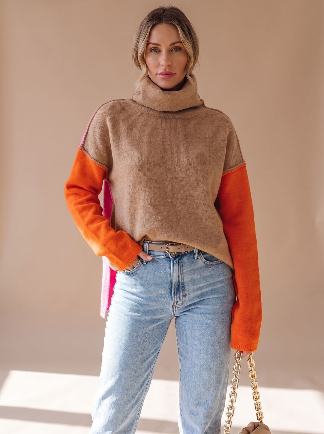Women's Color Block Turtleneck Relaxed-Fit Knit Sweater