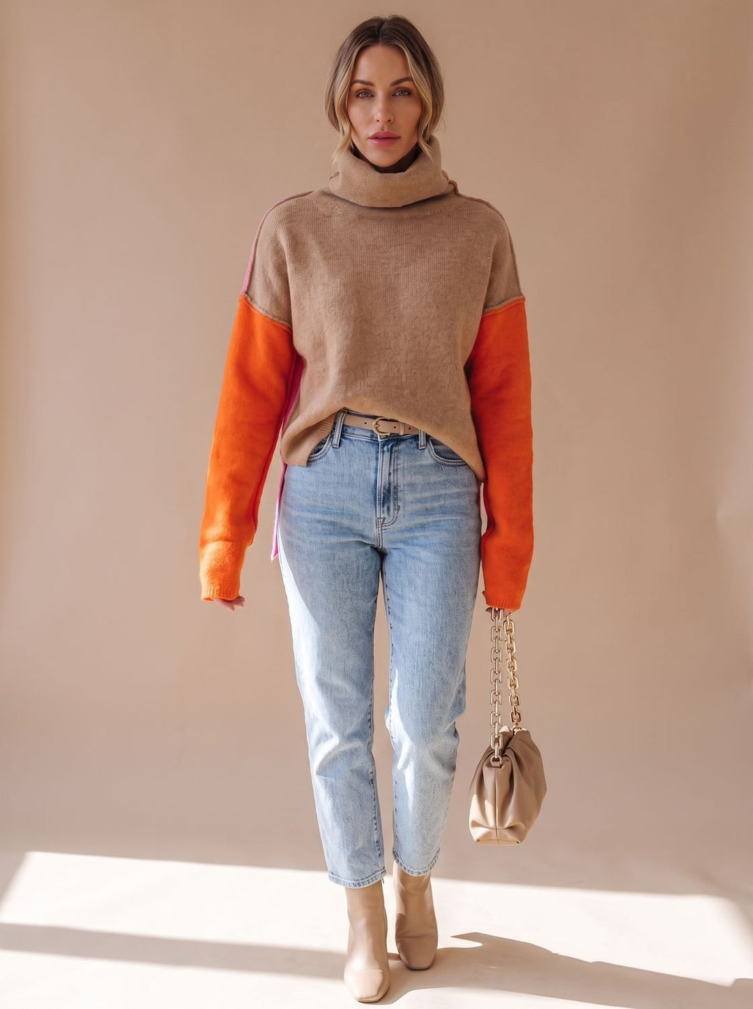 Women's Color Block Turtleneck Relaxed-Fit Knit Sweater