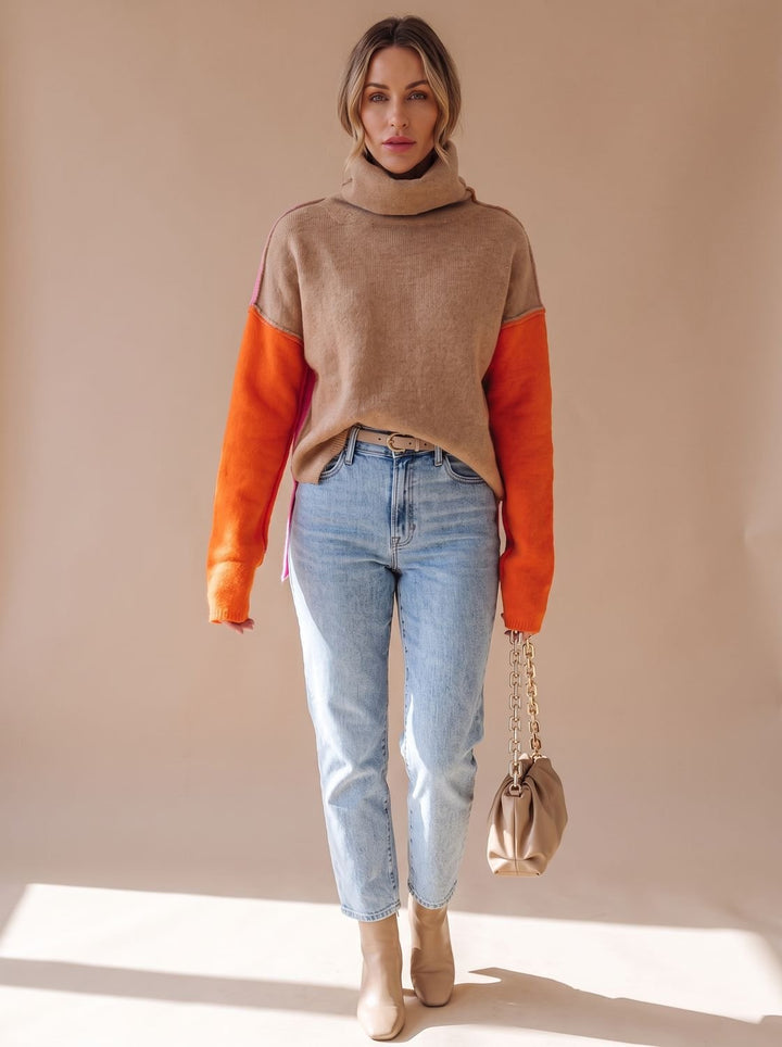 Women's Color Block Turtleneck Relaxed-Fit Knit Sweater