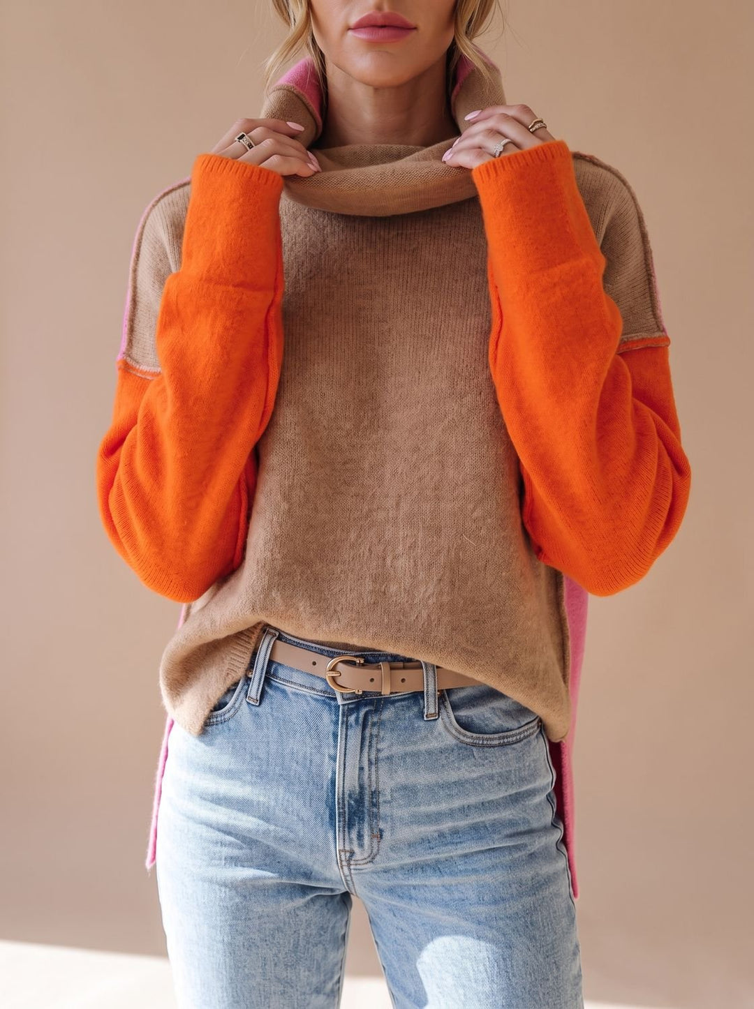 Women's Color Block Turtleneck Relaxed-Fit Knit Sweater