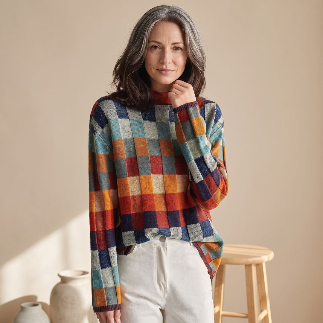Women's Colorblock Checked Turtleneck Knit Sweater