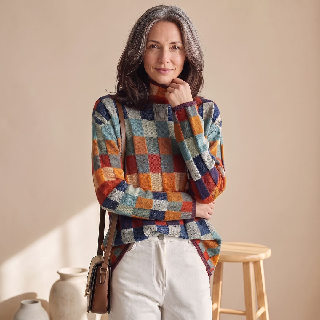 Women's Colorblock Checked Turtleneck Knit Sweater