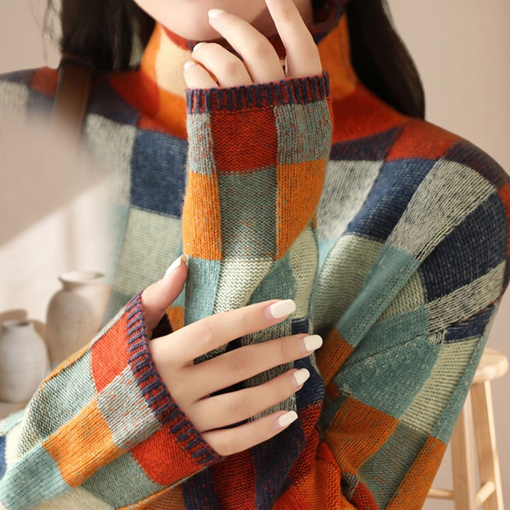 Women's Colorblock Checked Turtleneck Knit Sweater