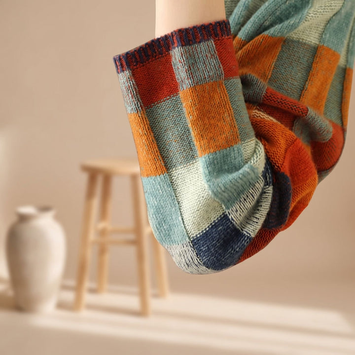 Women's Colorblock Checked Turtleneck Knit Sweater