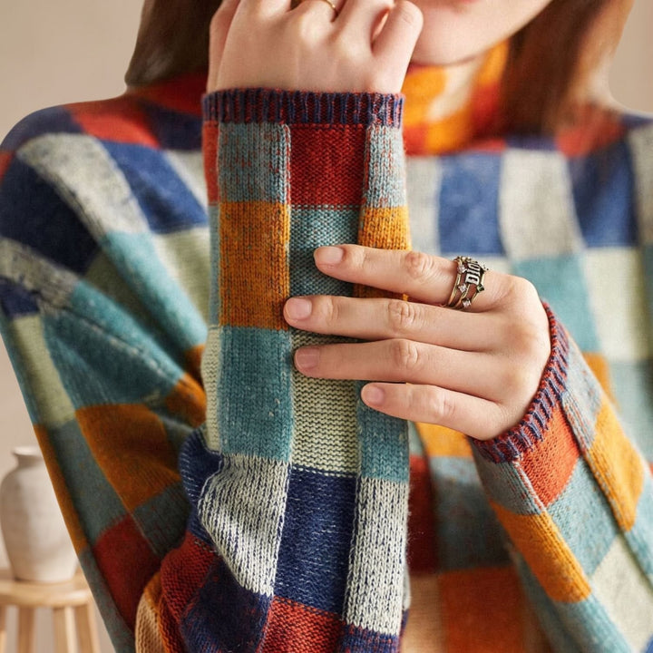 Women's Colorblock Checked Turtleneck Knit Sweater