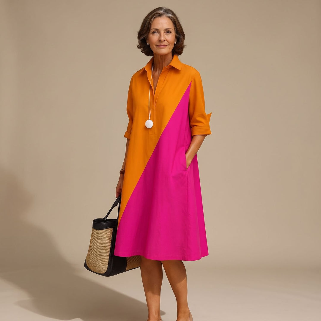 Women's Colorblock Collared Casual Midi Dress - Orange Pink