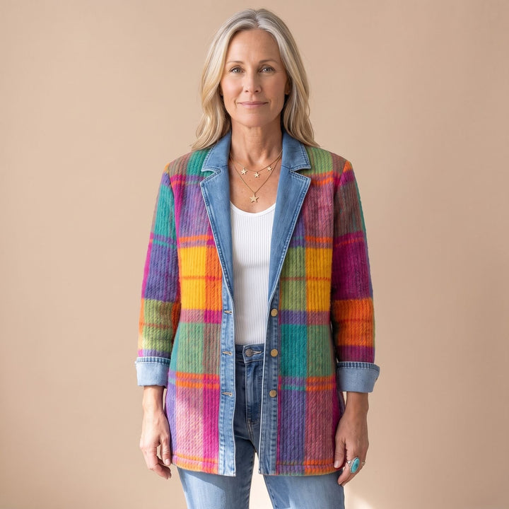 Women's Colorblock Plaid Shacket Quilted Denim-Trim Button-Front Jacket - Multicolor Plaid