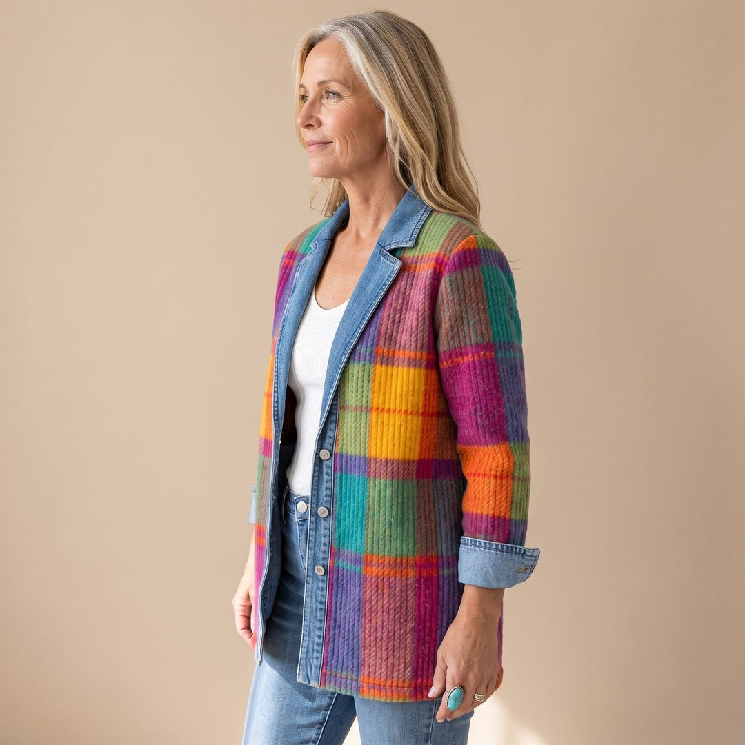 Women's Colorblock Plaid Shacket Quilted Denim-Trim Button-Front Jacket