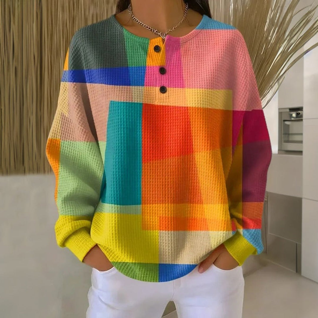 Women's Colorblock Waffle-Knit Long-Sleeve Button-Neck Sweater - Multicolor