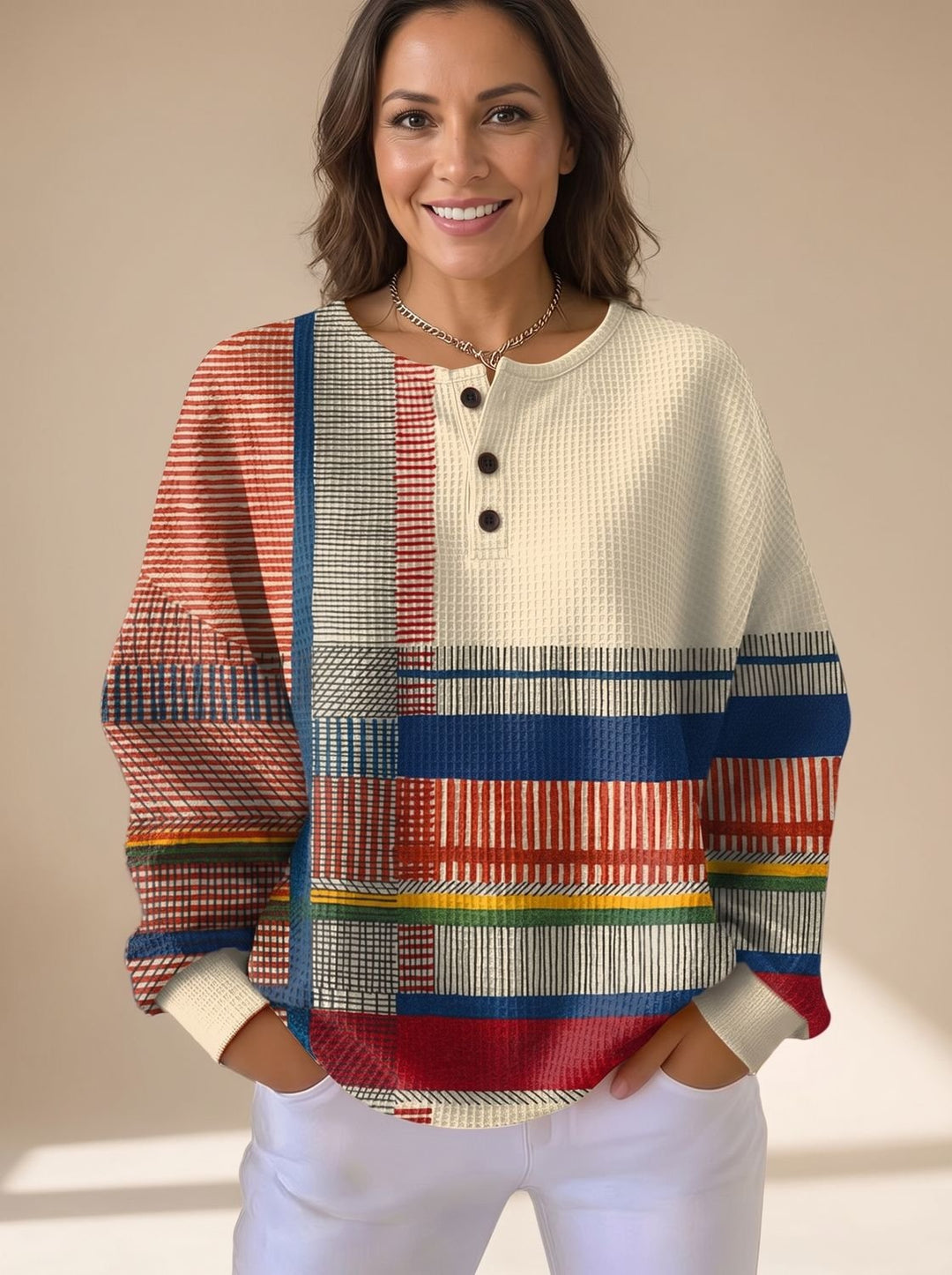 Women's Colorblock Waffle-Knit Long-Sleeve Henley Sweater
