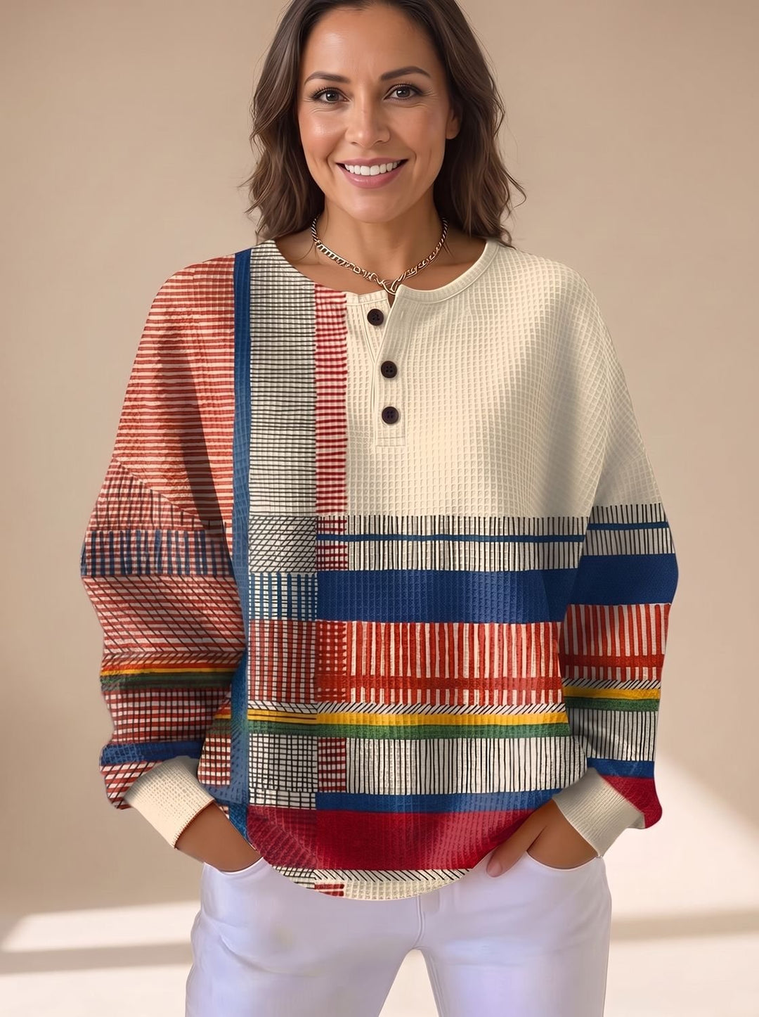 Women's Colorblock Waffle-Knit Relaxed-Fit Henley Sweater