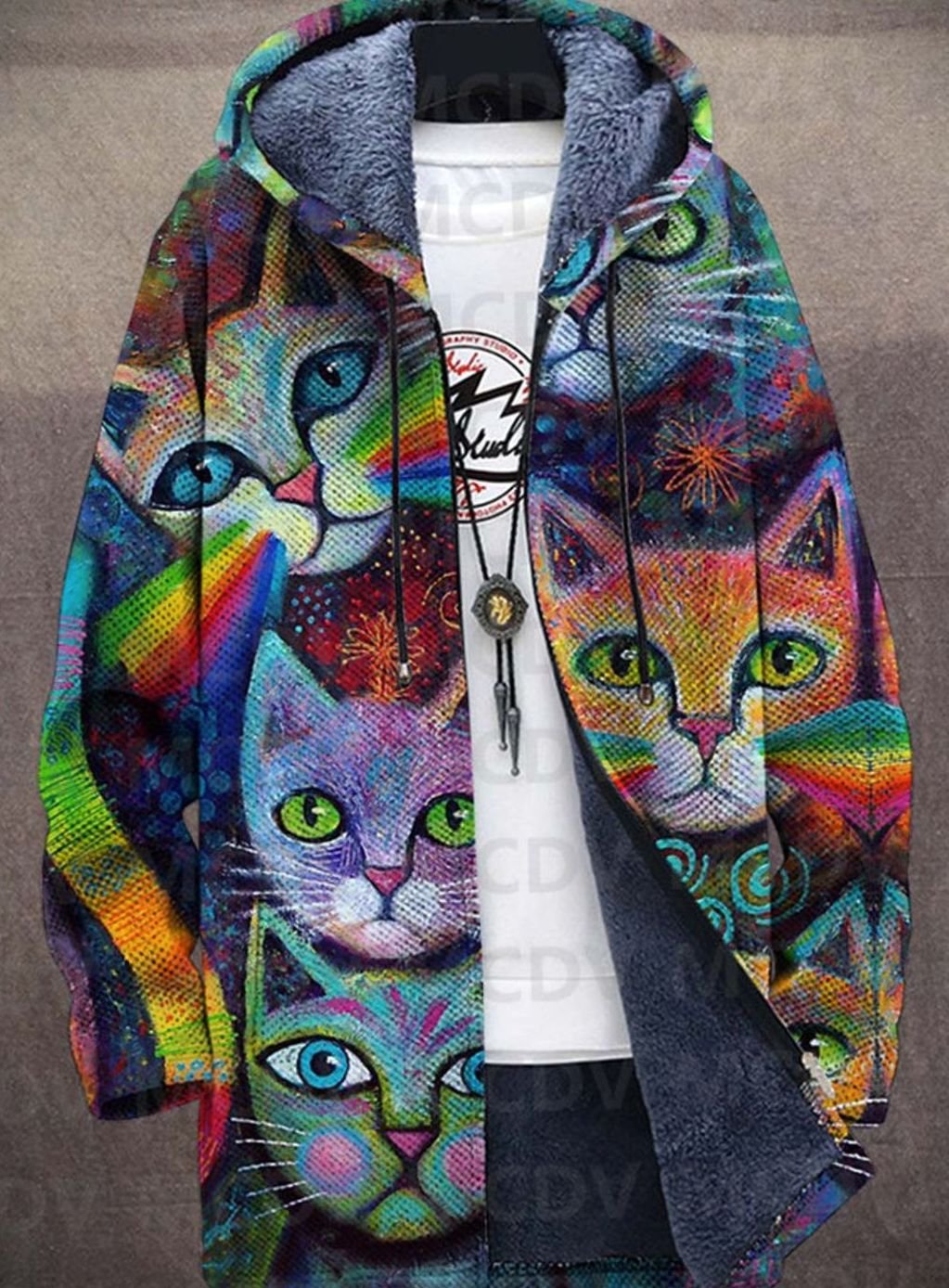 Women's Colorful Cat Print Fleece-Lined Zip-Up Hooded Cardigan - Multicolor
