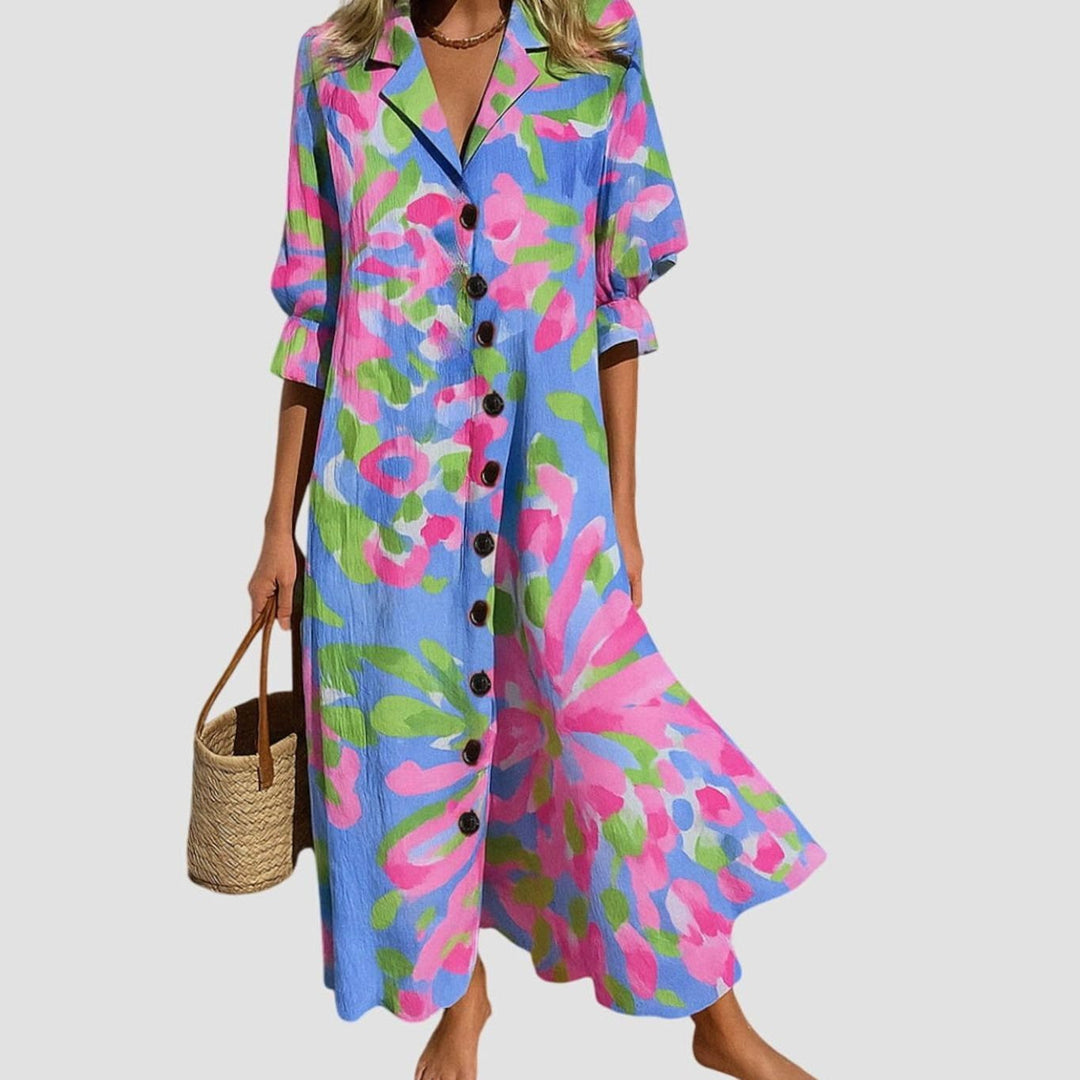 Women's Colorful Floral-Print Button-Front Maxi Dress - Pink