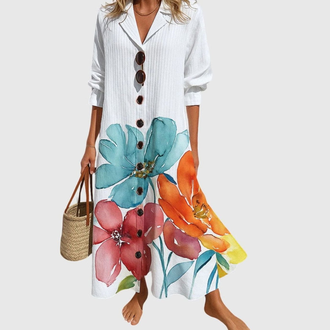Women's Colorful Floral-Print Button-Front Maxi Dress - White