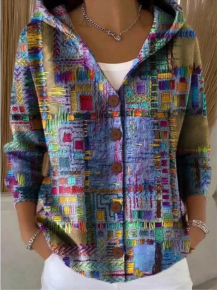 Women's Colorful Patchwork Button-Front Hooded Cardigan Sweater - Purple