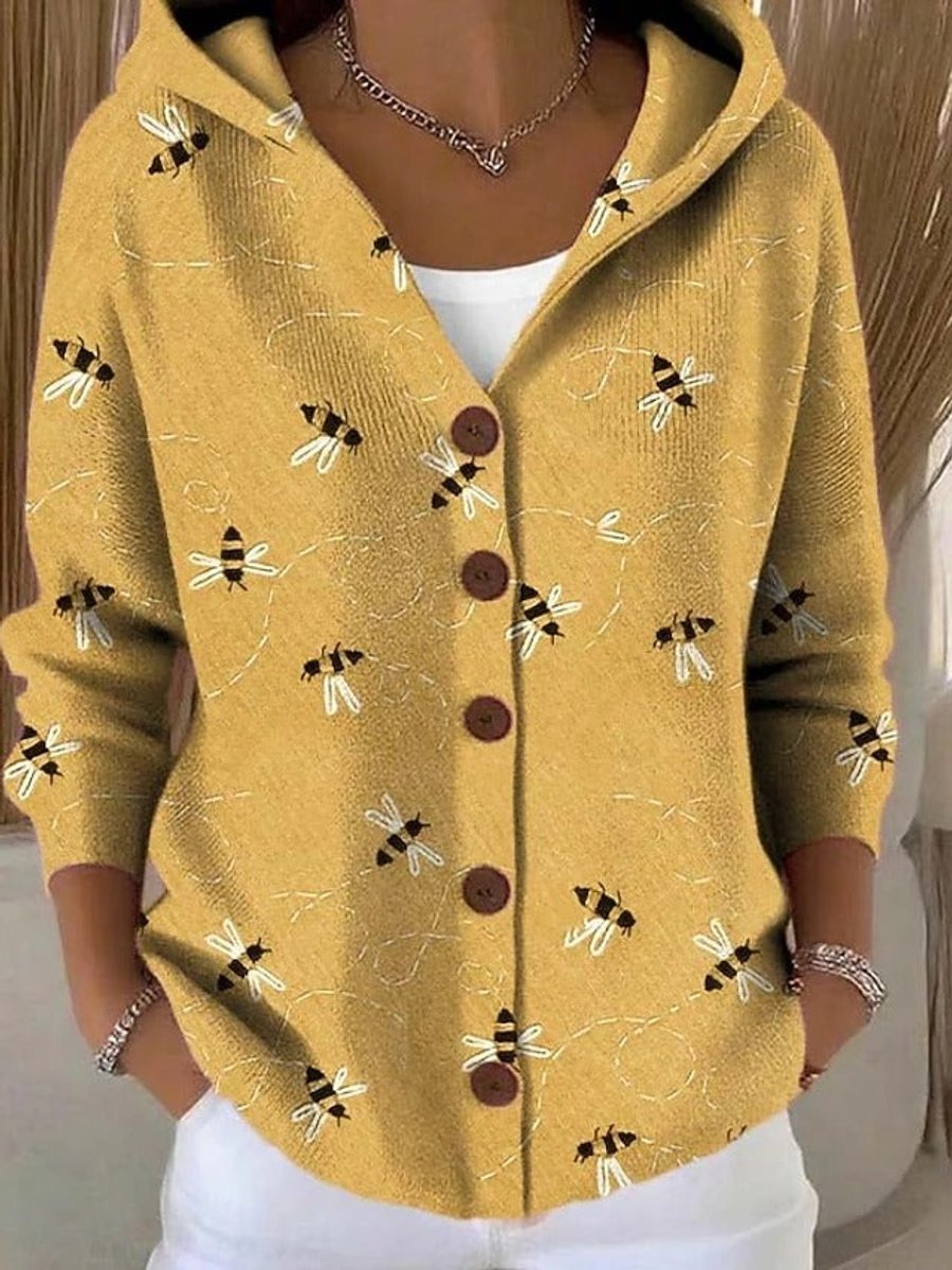 Women's Colorful Patchwork Button-Front Hooded Cardigan Sweater - Yellow
