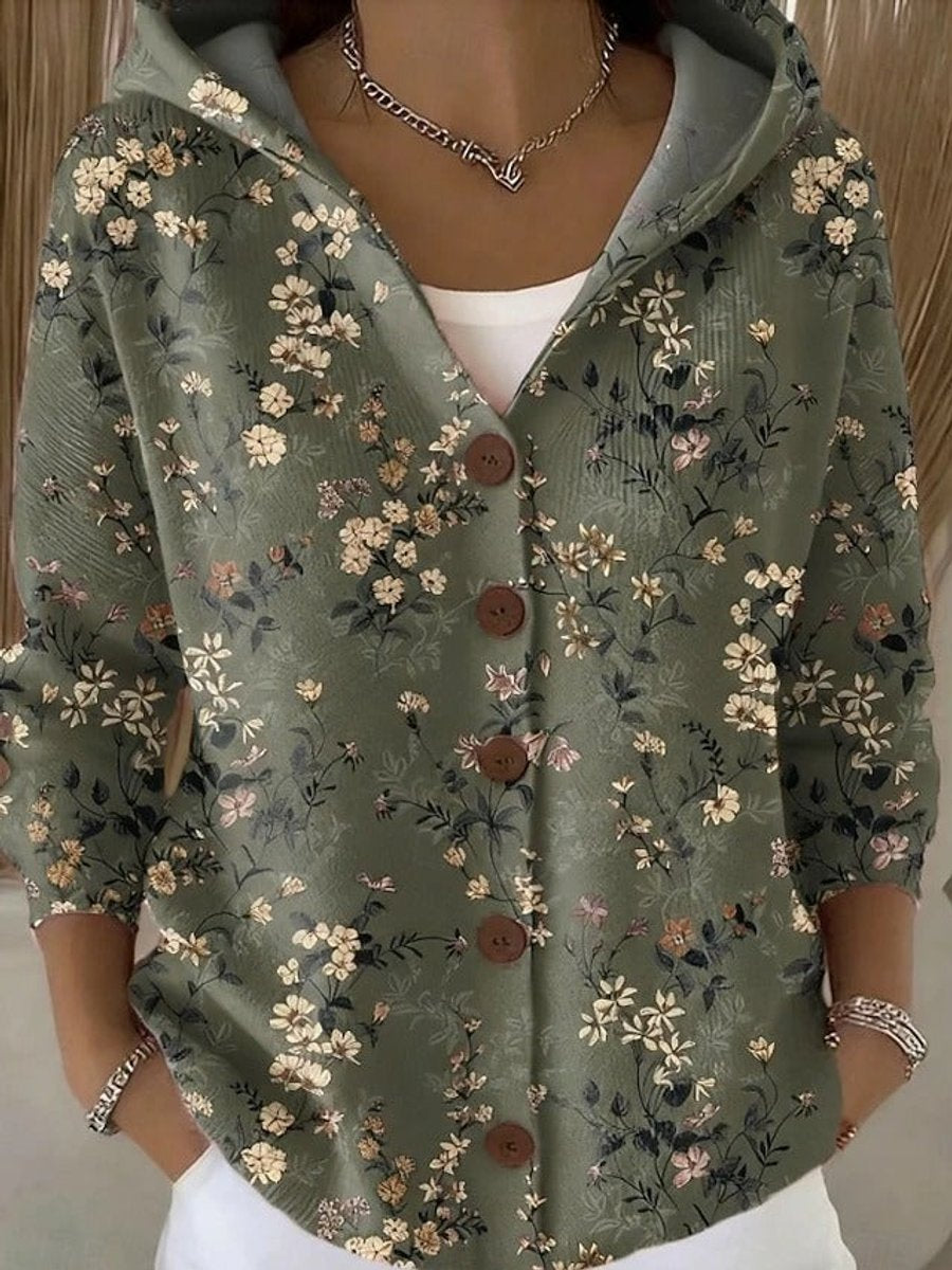Women's Colorful Patchwork Button-Front Hooded Cardigan Sweater - Dark Green