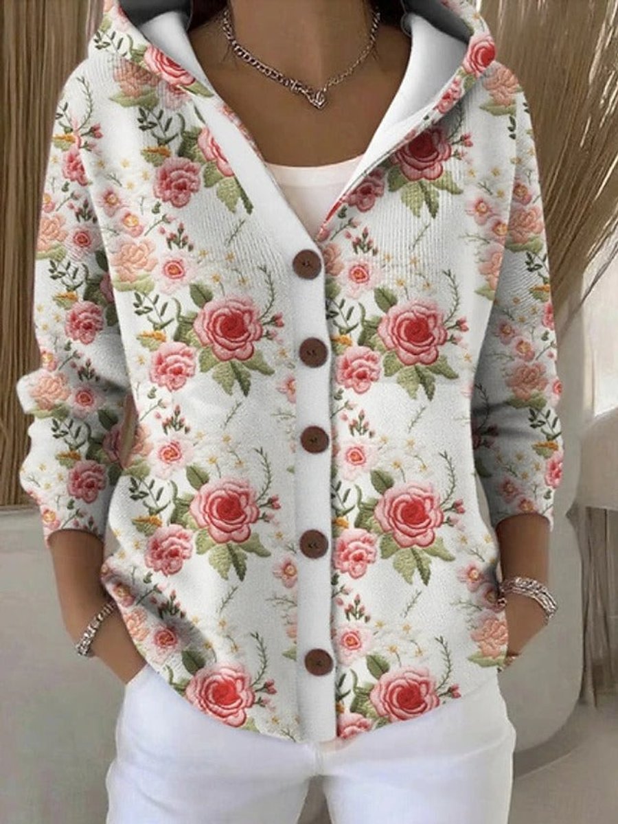 Women's Colorful Patchwork Button-Front Hooded Cardigan Sweater - Floral White